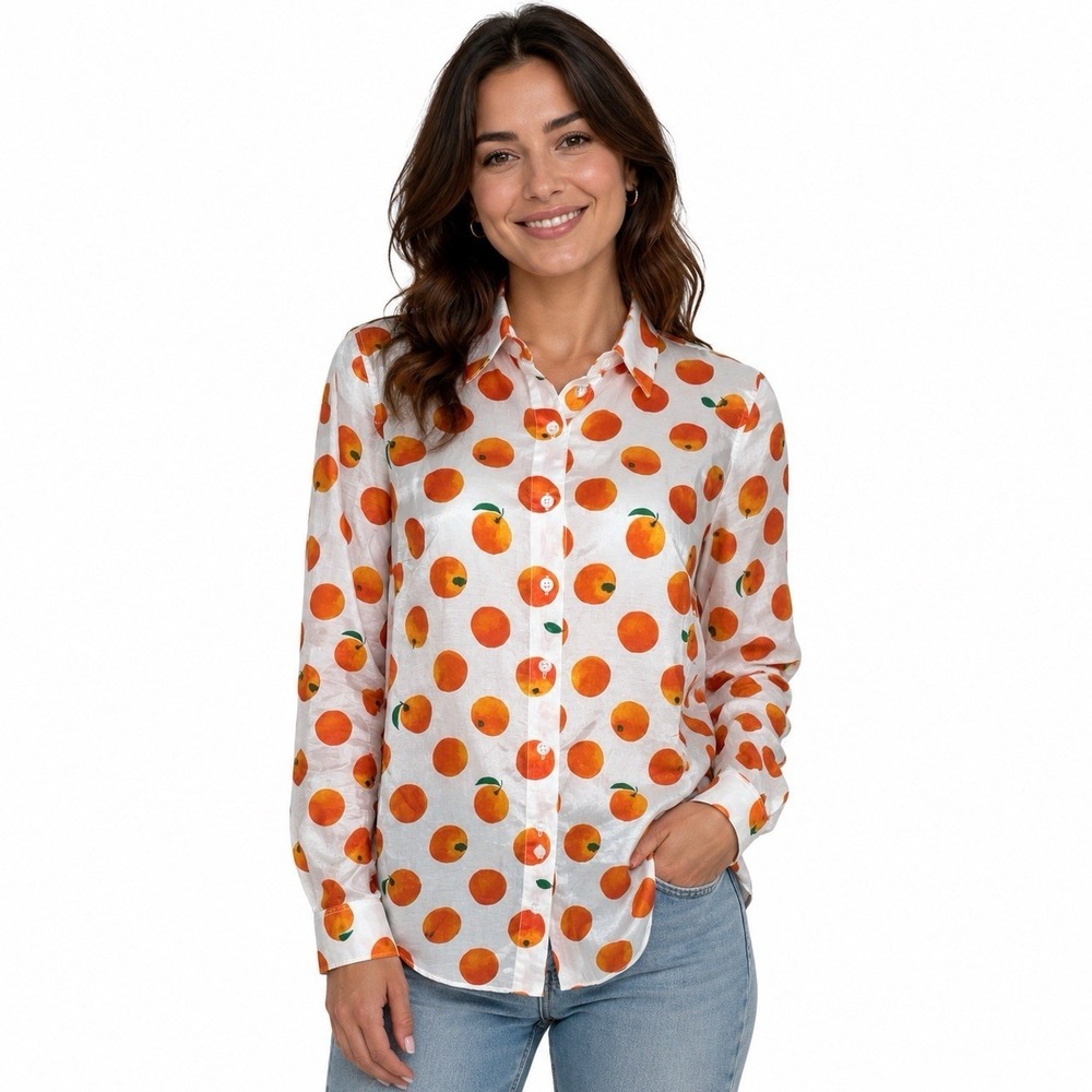 J.Crew Voile Popover Buttondown Oranges Print Size 00 Silk Cotton Lightweight